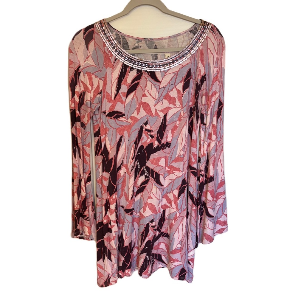 Patterned Women's Tunic Top Pink and Purple Plum with Sequin Collar Med